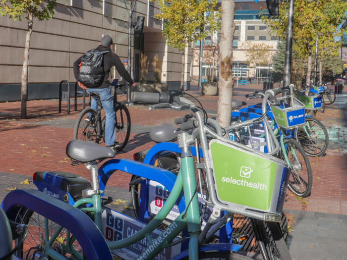 Many people get around downtown via bicycle.