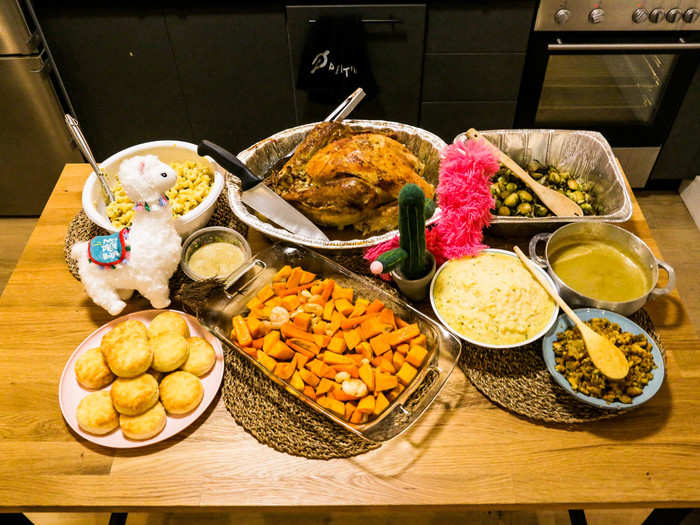 It was the perfect amount of time for the rest of the food to finish cooking. I also made stuffing, mashed potatoes, Brussels sprouts, sweet potatoes, and carrots. My roommate Jen made mac and cheese and vegetarian gravy.