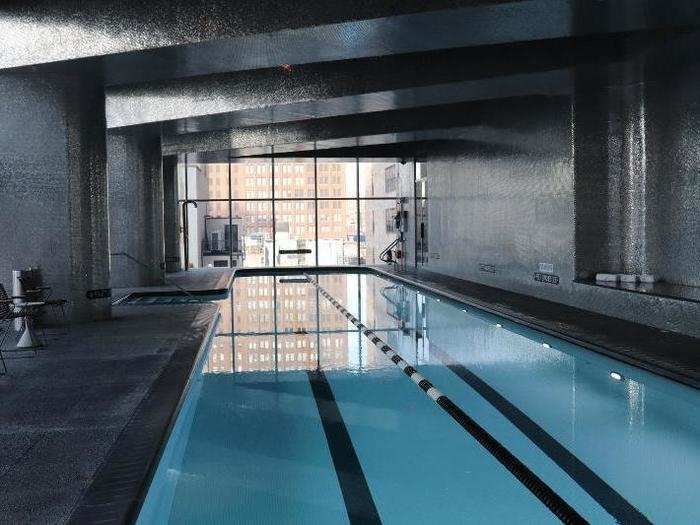 Along with a fitness center, the 10th floor also includes a 75-foot swimming pool, a steam room, and a sauna.