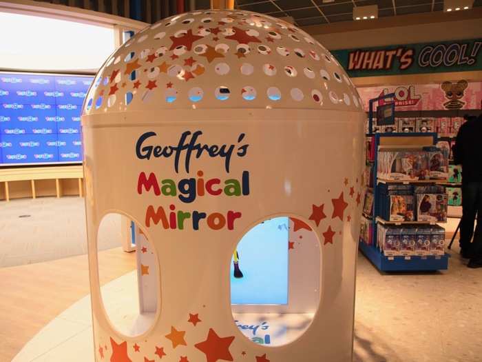 One of the cooler experiential parts of this store was the Magical Mirror, which used motion sensors to mimic our movements and display them onto the figure of Geoffrey the Giraffe.