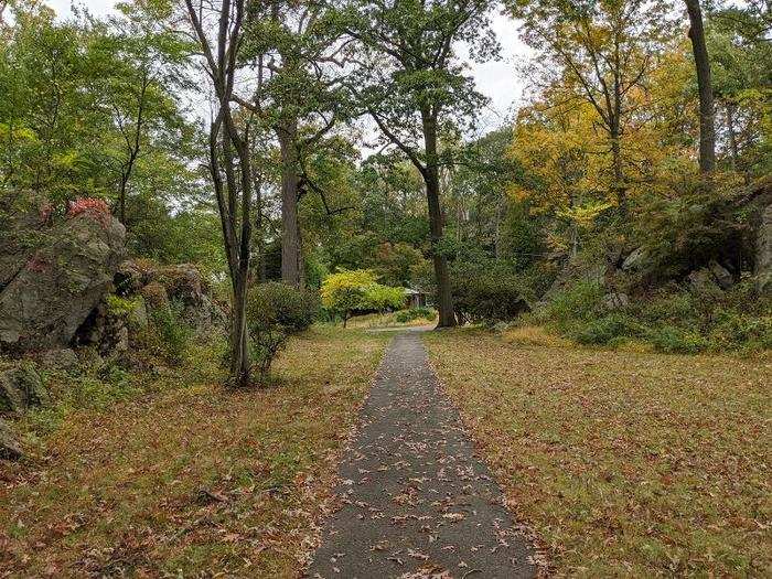 A park path in fall in New England.