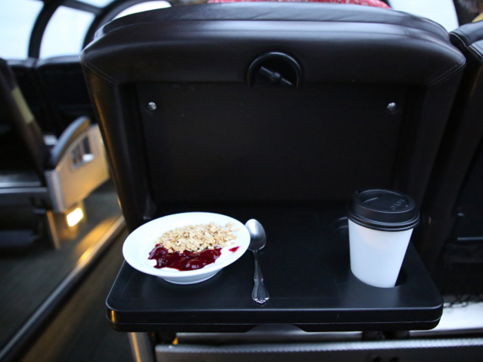 From 6:30 a.m. until 8:30 a.m. passengers can order from the continental breakfast menu. I ordered the yogurt and berries each morning and carried it to the Skyline car where I ate under the early morning clouds.