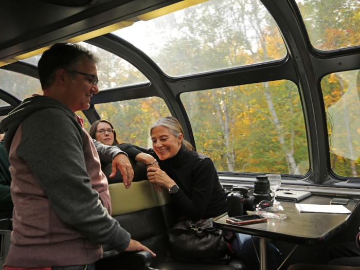 The glass-covered section of the Skyline car filled up quickly in Ontario. I found myself sitting at one of two small, rectangular tables with three strangers who, after a minute, were no longer strangers at all. The friendly introductions and echos of, "You can sit with us!" filled the car the entire trip.