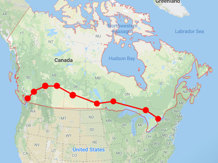 The train makes seven scheduled stops along the way: Sudbury Junction in Ontario, Sioux Lookout in Ontario, Winnipeg in Manitoba, Saskatoon in Saskatchewan, Edmonton in Alberta, Jasper in Alberta, and Kamloops in British Columbia.