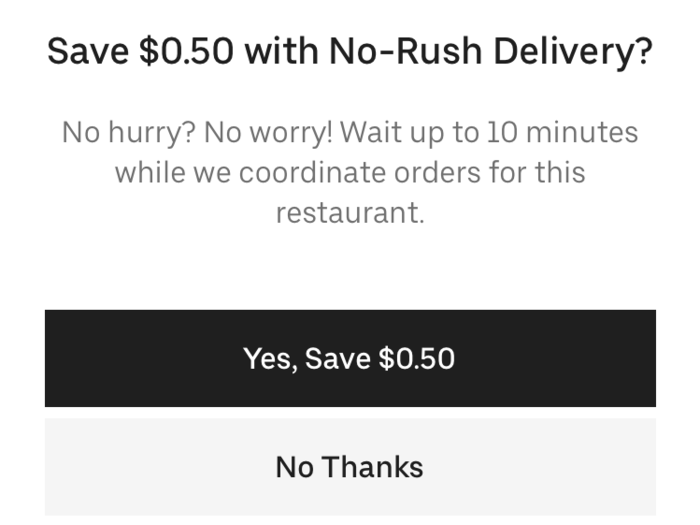 In my experience, Uber Eats orders were typically delivered much faster than Seamless/Grubhub. However, Uber Eats repeatedly asked me if I wouldn