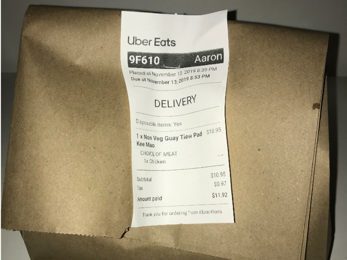 My first order from Uber Eats, from a nearby Thai restaurant, actually arrived a bit earlier than expected.