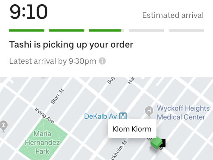 Once your order is on the way, Uber Eats lets you track its location, just like an Uber rideshare. Seamless/Grubhub, which often outsources delivery to restaurant staff, doesn