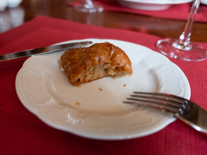 About 10 minutes after I got my wine, my potato and mushroom mini-pie arrived. It was soft and flaky like a pastry, with the slightest crunch on the outer edge.