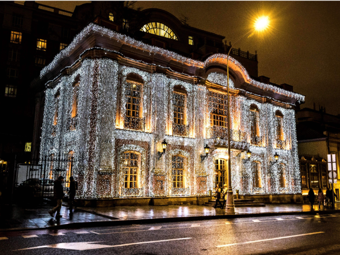 During the holidays, Café Pushkin is lit up in festive, dazzling lights.