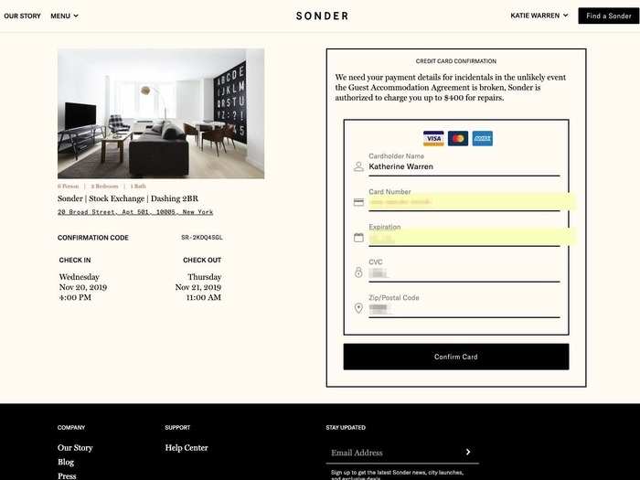 Sonder accepts Visa, MasterCard, and AmEx.