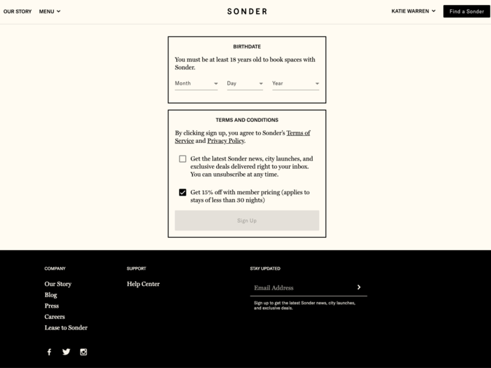 Once you select a listing, Sonder will ask you to confirm your birthday.