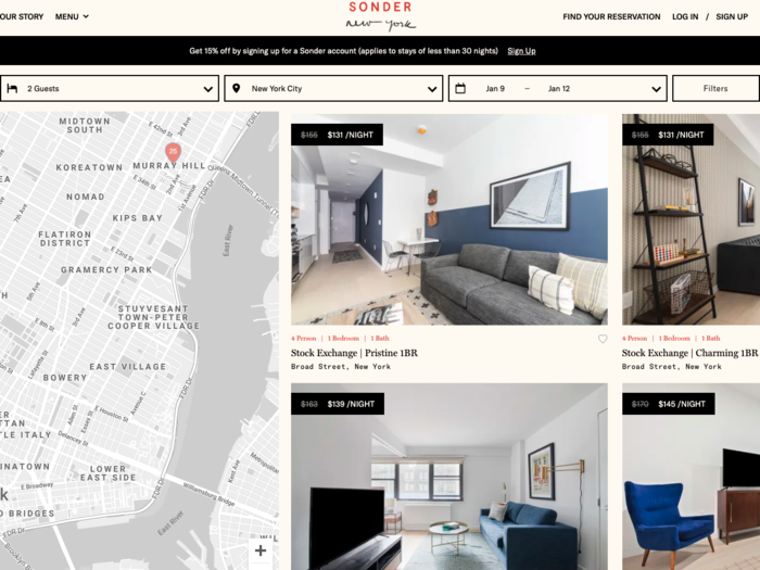 Then, Sonder will show you a split page with available listings and their locations on the map of the city.