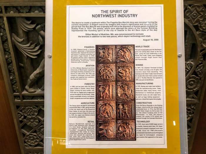 They were a copy of a sculpture by 20th-century sculptor Dudley Pratt, showcasing the industries that built the Pacific Northwest. If sculpted today, the panels might instead simply display workers sitting at desks.