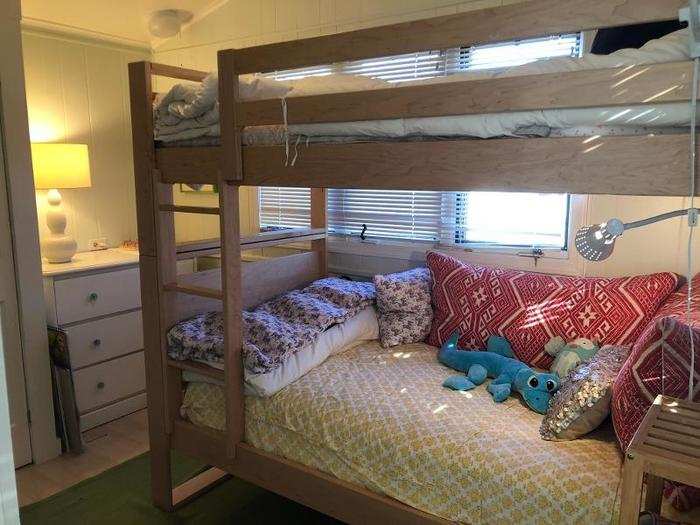 I was surprised to see that the second bedroom in the trailer was large enough to fit a bunk bed and a dresser.