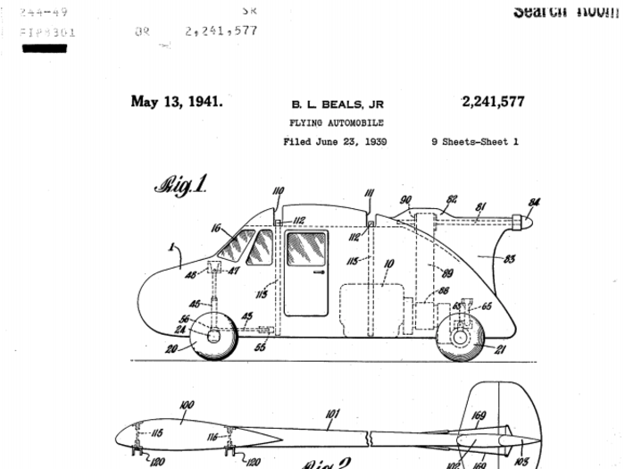 In 1939, Bruce L Beals designed a long, narrow flying car that resembled earth-bound cars of the period.