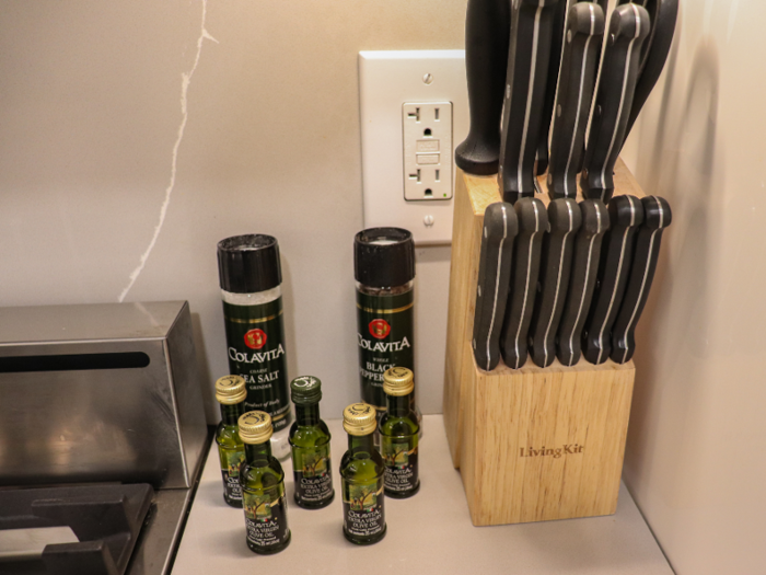 There were cooking essentials like olive oil, salt, and pepper.