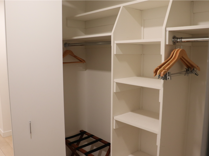 There were two spacious closets in the hallway with built-in shelving, hangers, and luggage stands.