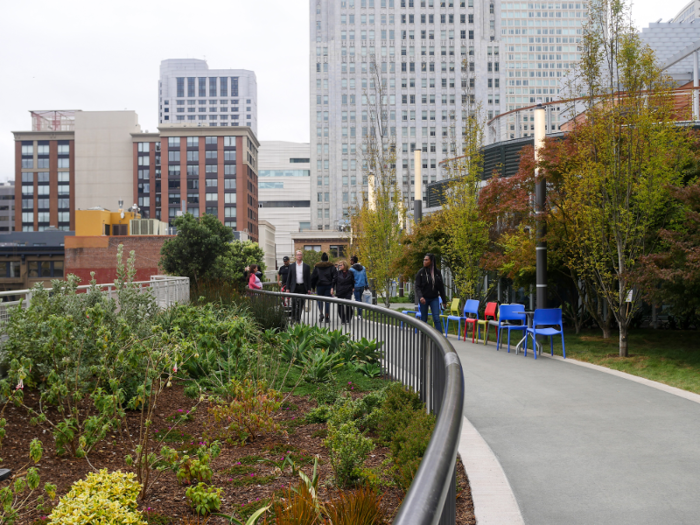 The transit center and bus service officially reopened in July 2019. Anyone can breeze on up to the beautiful rooftop park once again.