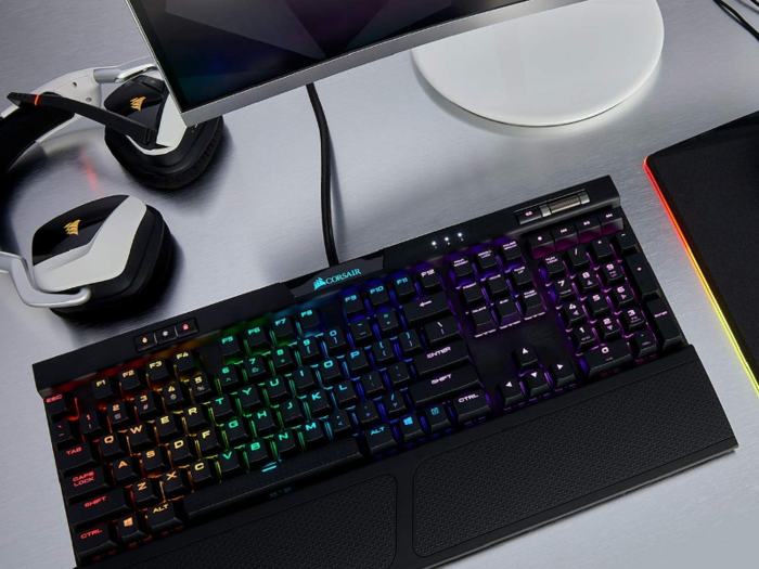 A colorfully back-lit gaming keyboard