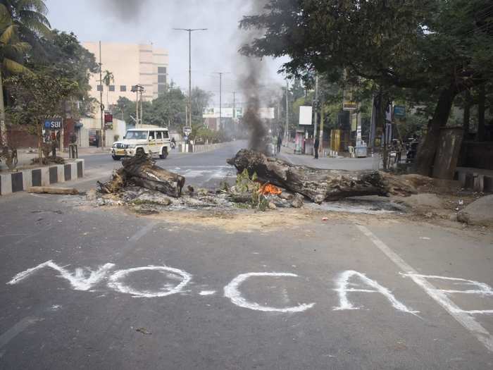 Guwahati has become an epicentre of the anti-CAB protests, prompting the Assam government to place the city under an indefinite curfew. Angry protesters burn tires and wrote "No CAB" with white chalk on a street.