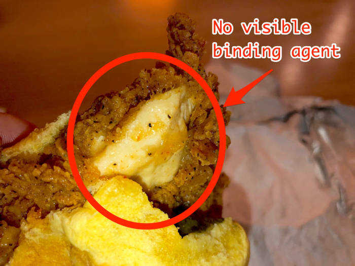 The parts of the Fuku breading that separated from the chicken revealed a clean break between the two components of the fried chicken piece.