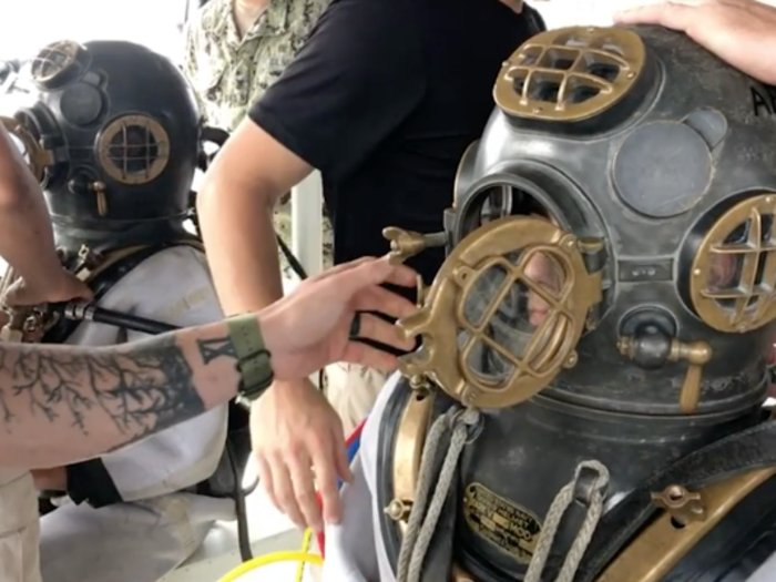 The diving suits are similar to what salvage divers would have worn on salvage missions into Pearl Harbor.