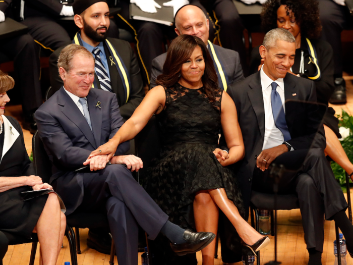 In 2016, the pair shared a moment during a memorial service for five police officers who were killed in Dallas.