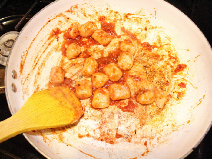 I made the gnocchi by pouring a small amount of water over the small potato-like balls, covered the pan with a lid, and allowed the water to evaporate.