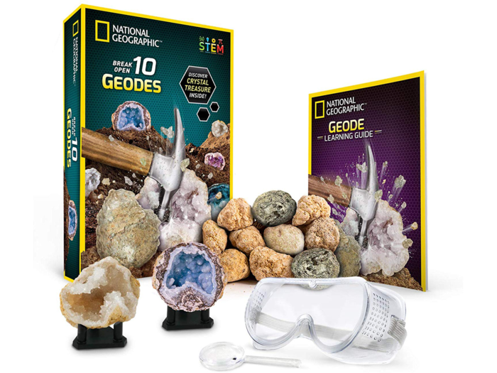 A STEM kit that includes geodes to break open and a learning guide