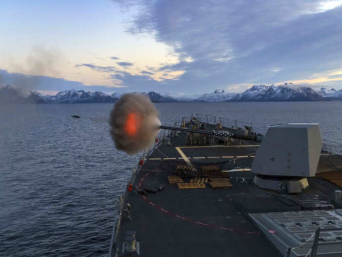 The guided-missile destroyer USS Gridley (DDG 101) fires its Mark 45 5-inch gun during a live-fire exercise in the Norwegian Sea on Nov. 22, 2019.