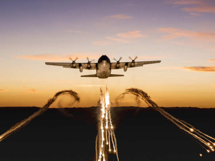 A Wyoming Air National Guard C-130 fires flares over Camp Guernsey Joint Training Center, Wyo., Sept. 24, 2019, during a training mission.