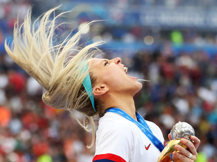 Julie Ertz celebrates with the World Cup trophy after the US Women