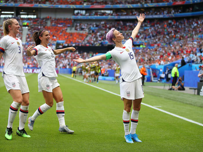 Megan Rapinoe celebrates a goal with her now-iconic pose as US Women