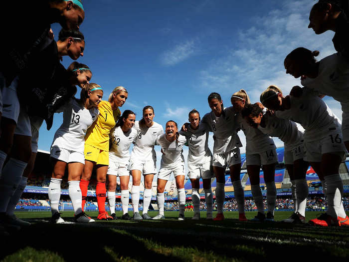 Ali Riley of New Zealand gives her team instructions during the team huddle ahead of their 2019 World Cup France match against Cameroon in Montpellier, France.