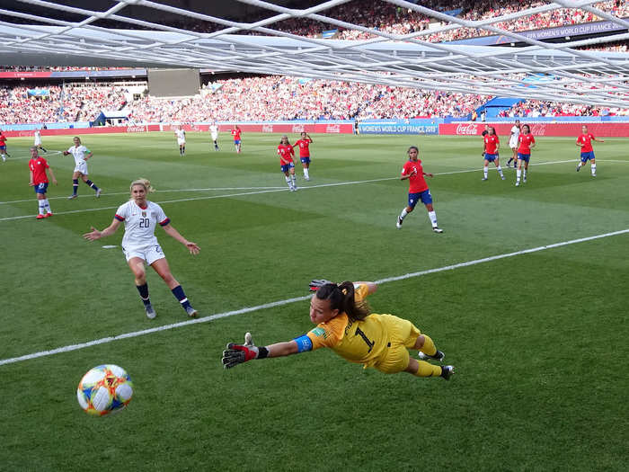 Chilean goalkeeper Claudia Endler makes a save against the top-ranked United States during the 2019 World Cup in Paris, France.