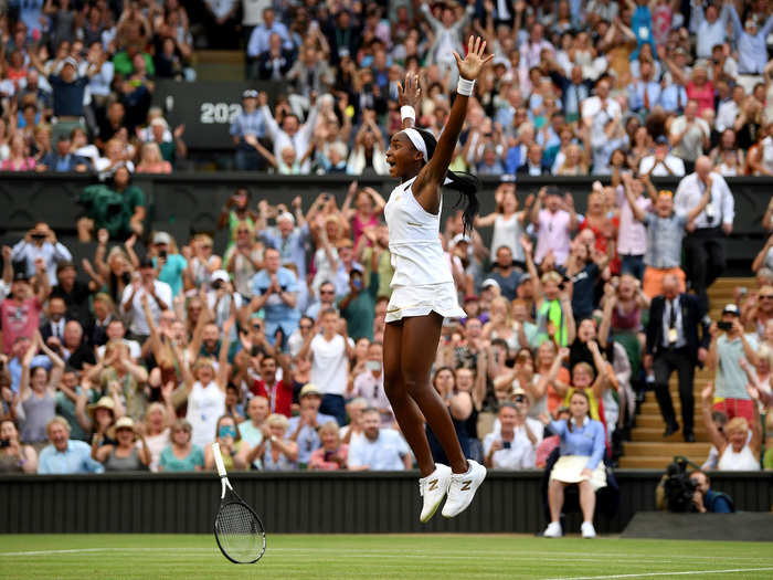 Coco Gauff celebrates her victory against Polona Hercog of Slovenia in the third round of Wimbledon.