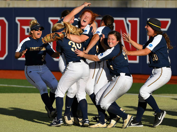 The Augustana Vikings celebrate their victory against the Texas A&M-Kingsville Javelinas during the Division II Women