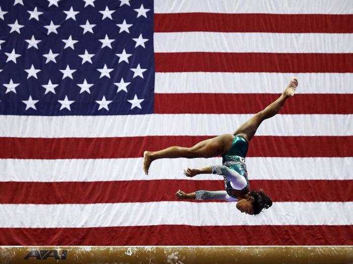 Simone Biles competes on the balance beam during the Senior Women