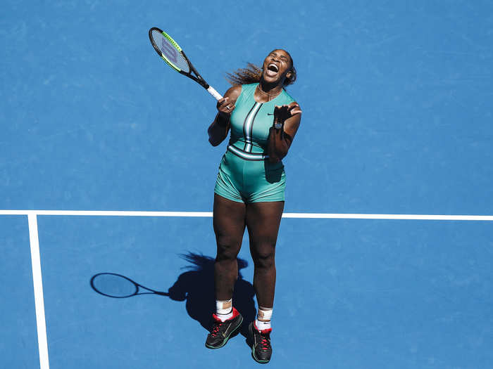 Serena Williams celebrates during her quarter final match against Karolina Pliskova at the 2019 Australian Open.