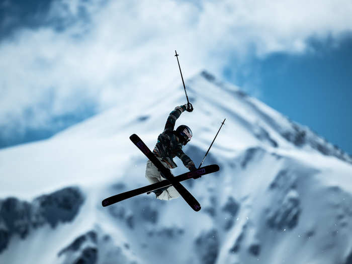 Mathilde Gremaud goes airborne during the Audi Nines at Tiefenbachferner Glacier in Soelden, Austria.