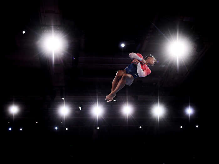 Simone Biles defies gravity during her floor routine at the Women