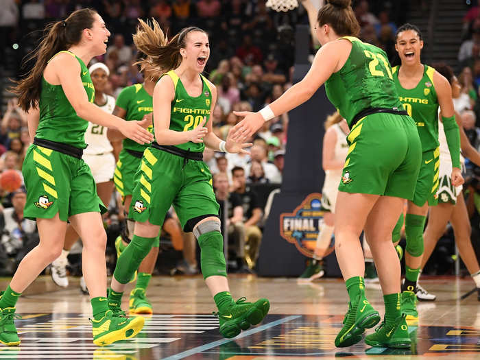 Sabrina Ionescu — the newly-anointed all-time NCAA triple-double leader — celebrates with her Oregon Ducks teammates during the 2019 Final Four.