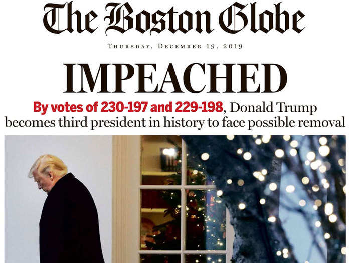 Using the same picture, The Boston Globe highlighted the vote margins, which saw Trump receive more votes for his impeachment than either Bill Clinton or Andrew Johnson.