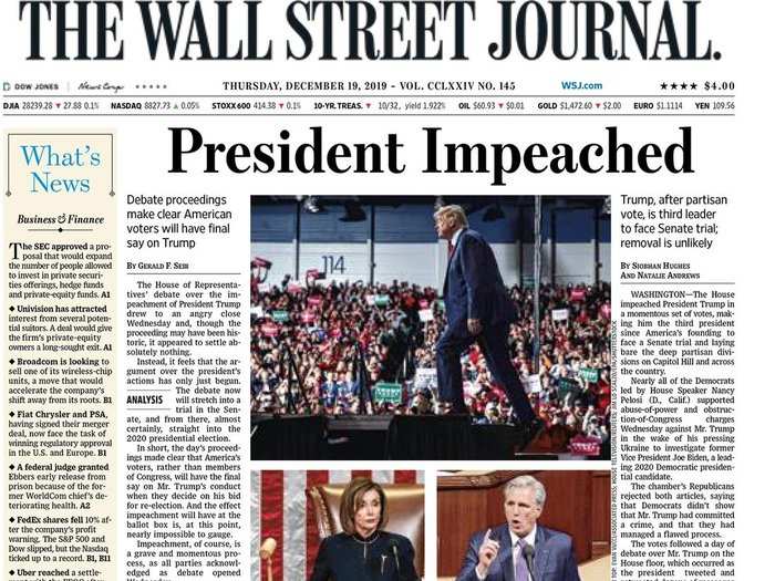 The simple headline is a strategy that many newspapers used, including The Wall Street Journal. The paper used photos from the Capitol Hill vote as well as Trump