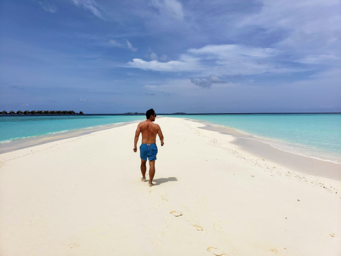 After swimming in the crystal-clear water, I strolled the sandbar, which is so white, you have to squint.