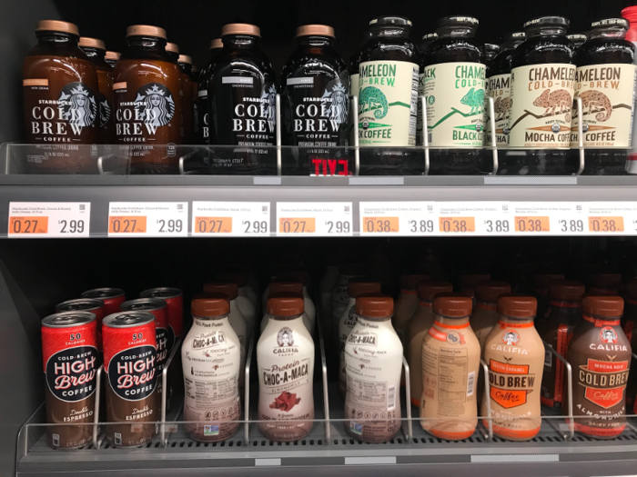 There were multiple shelves of coffee drinks, possibly making up for the lack of coffee counter like the one at the One Liberty store.