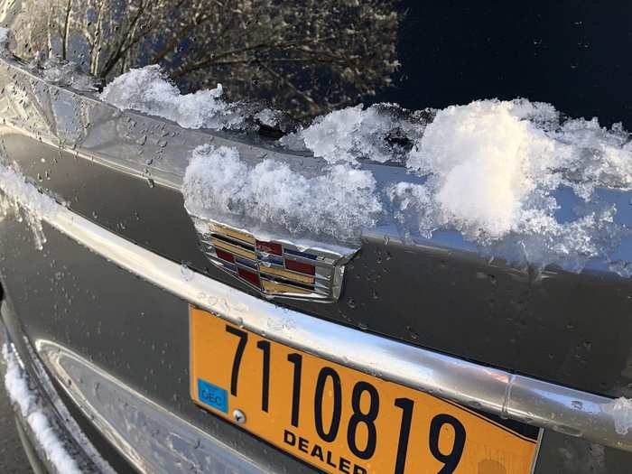 Icy snow on the iconic Caddy shield.