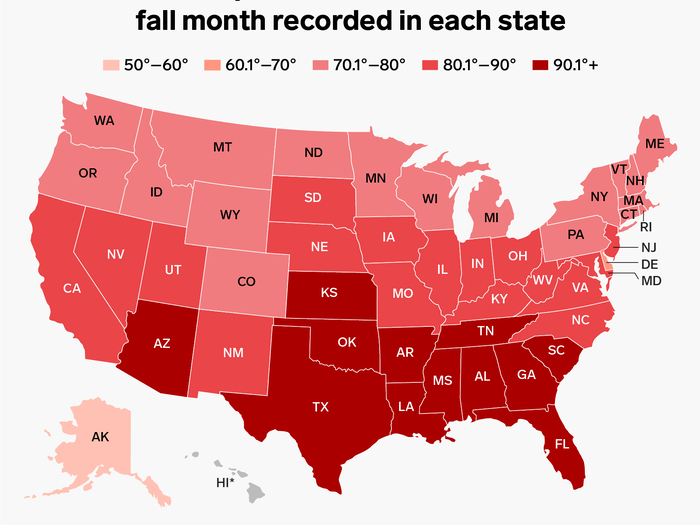 The fall brought abnormally hot weather to parts of the US. We tracked the temperature of the warmest fall month recorded in each state.