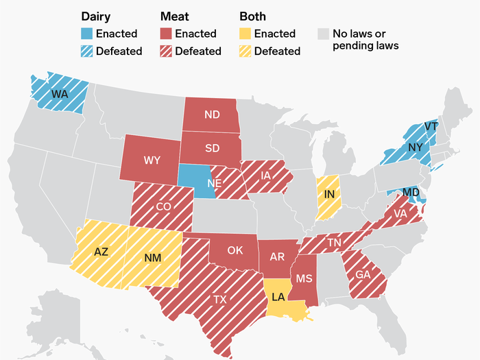 That same month, a number of states had proposed or enacted labeling laws that would prohibit companies from Beyond Meat to Oatly from using words like "burger" and "milk" to describe products. These are the labeling laws in every state: