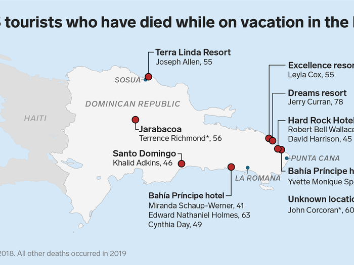 At least 13 US tourists died while staying at all-inclusive resorts in the Dominican Republic since June 2018. Most of them died from heart attacks, pulmonary edemas, or other apparent natural causes.